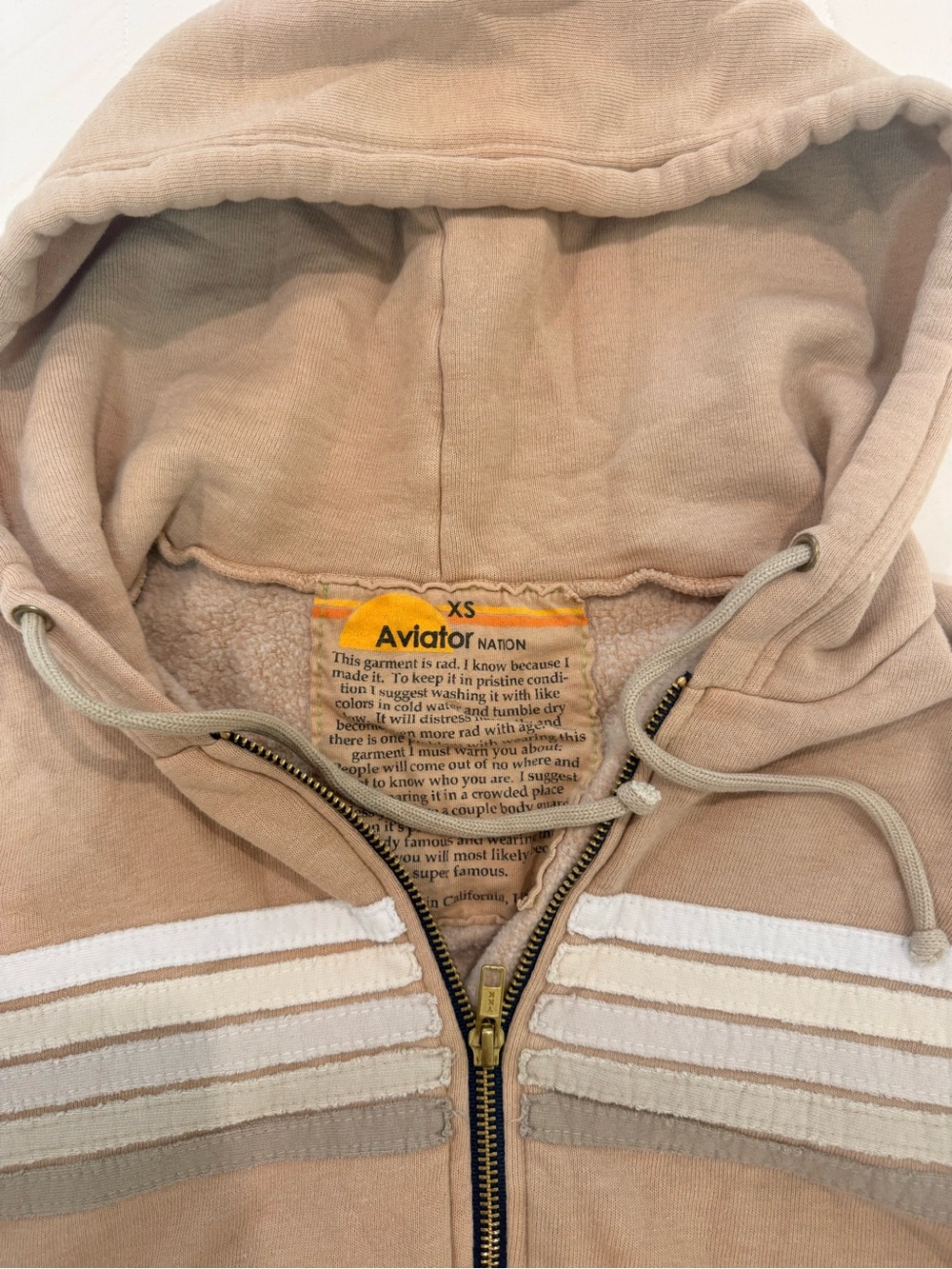 Aviator Nation Women’s Beige/Tan Zip Hoodie with Stripe Chest - Picture 2 of 3